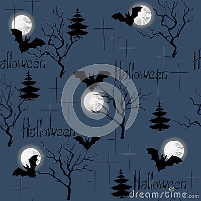 Halloween seamless pattern. Flat design. Dark endless background with the moon, crosses, trees for fabric, paper Vector Illustration