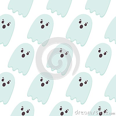 Halloween Seamless Pattern of Flying Ghosts. Cute Nursery room wallpaper, kids background, card. Pastel colors scared Vector Illustration
