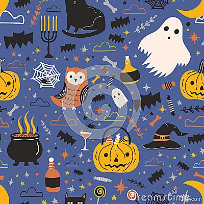 Halloween seamless pattern with funny spooky magic creatures and items on dark background - ghost, Jack-o`-lantern Vector Illustration