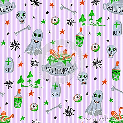 Halloween seamless pattern with ghost, skull, poison Stock Photo