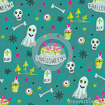 Halloween seamless pattern with ghost, skull, poison Stock Photo