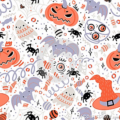 Halloween seamless pattern. Hand-drawn illustration with pumpkins, tombstone, skull, ghost, bat, hat, cat and etc. It can be used Cartoon Illustration