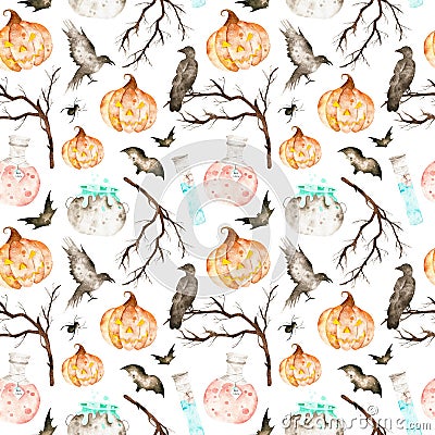 This halloween seamless pattern included magic cauldron,potion bottles,bats,ravens,spider,branches and crazy pumpkin. Stock Photo