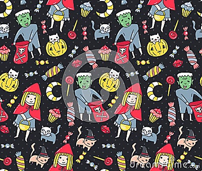 Halloween seamless pattern. Kids and cats in costumes with sweets on the polka dot background. Vector illustration. Vector Illustration