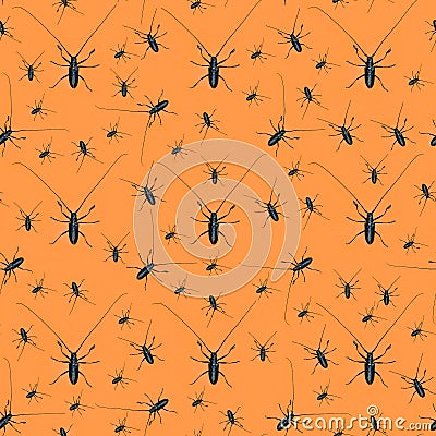 Halloween seamless pattern made with creepy black beetles with long whiskers on orange background, as a backdrop or texture. Stock Photo