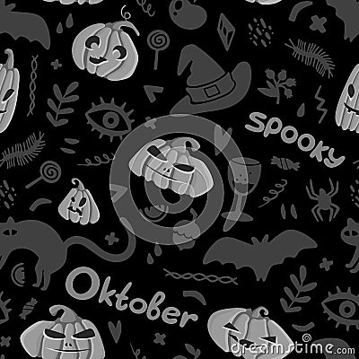 Halloween Seamless Pattern of Mystical Elements on Black. Colorful Cartoon illustration Digital Paper. Spooky Holiday Texture Vector Illustration