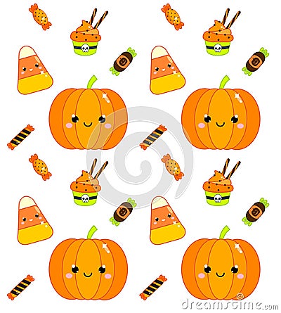 Halloween seamless pattern with pumpkin, candy corn and sweets. Colorful background for textile, wrapping and other design Vector Illustration