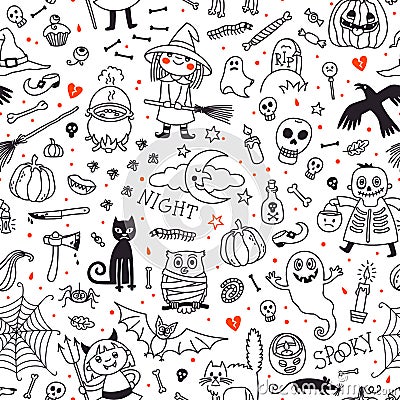 Halloween seamless pattern. Pumpkin, Ghosts, Cats Vector Illustration