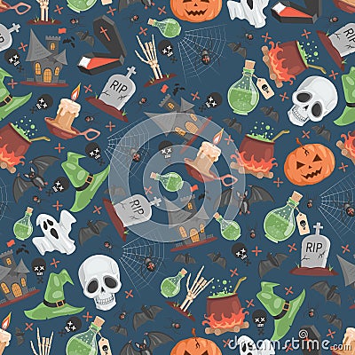 Halloween seamless pattern. Trick or treat Halloween party vector flat cartoon backdrop. Vector Illustration