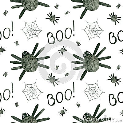 Halloween seamless pattern with watercolor spiders and cobwebs. Stock Photo