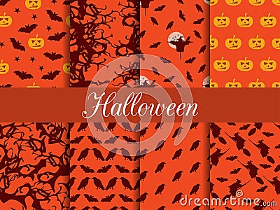 Halloween seamless patterns. Pattern with Lamp Jack, witch with bats and crows. Vector Illustration