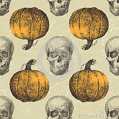 Halloween seamless with sculls and pumpkins Vector Illustration