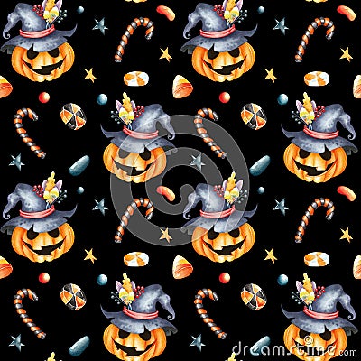 Halloween seamless themed pattern. Orange and yellow, colors on black backdrop. Watercolor illustration. Stock Photo