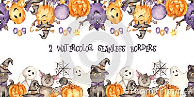 Halloween seamless watercolor borders with monsters, ghosts, cat, pumpkins Stock Photo