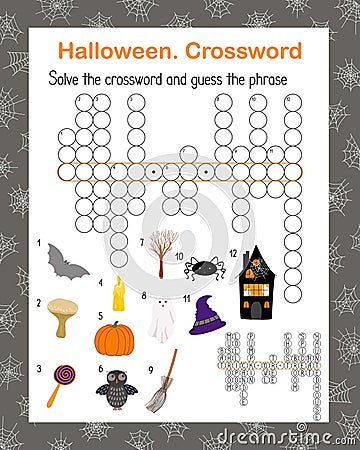 Halloween seasonal crossword activities, word search puzzle, autumn fall holidays vector illustration printable worksheet Vector Illustration