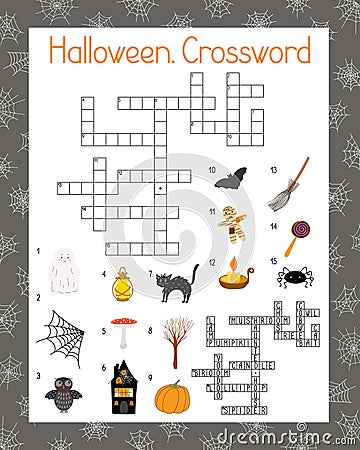 Halloween seasonal crossword activities, word search puzzle, autumn fall holidays vector illustration Vector Illustration