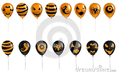 Halloween set of balloons 3d realistic, Ghost, spider, eye,smile, bat icon symbol, orange black color. Vector Vector Illustration