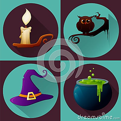 Halloween set. Burning candle, owl sitting on branch, witch hat Vector Illustration