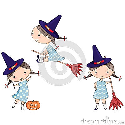 Halloween set with cute witches with hat and the broom Stock Photo