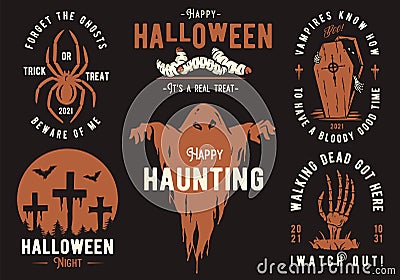 Halloween set of designs or collection of emblems for Halloween party and mystery night Vector Illustration