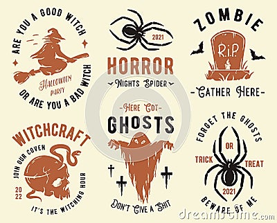 Halloween set of designs or collection of emblems for Halloween party and mystery night Vector Illustration