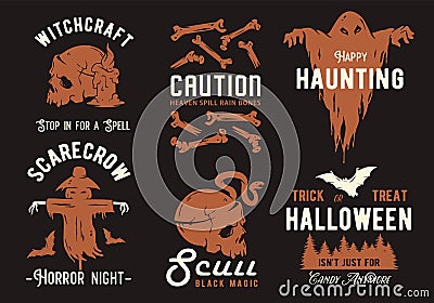 Halloween set of designs or collection of emblems for Halloween party and mystery night Vector Illustration