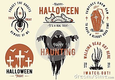 Halloween set of designs or collection of emblems for Halloween party and mystery night Vector Illustration