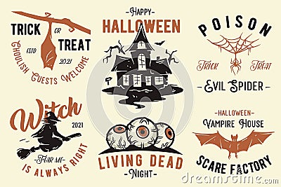 Halloween set of designs or collection of emblems for Halloween party and mystery night Vector Illustration