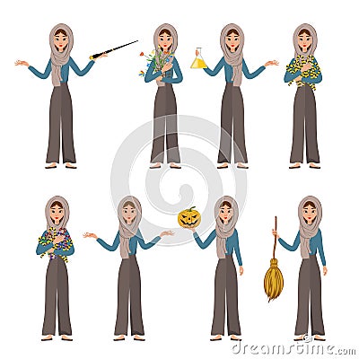 Halloween set of female characters. Girl with holiday attributes in her hands. Vector illustration Cartoon Illustration