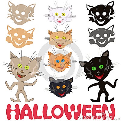 Halloween set of funny cats and feline masks Vector Illustration