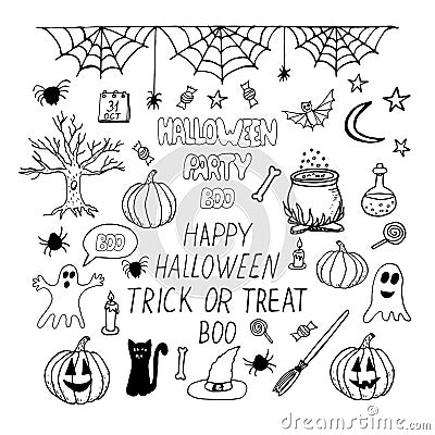 Halloween set hand drawn in doodle style. , scandinavian, monochrome. pumpkin, cobweb, spider, cauldron, potion, witch hat, broom Stock Photo