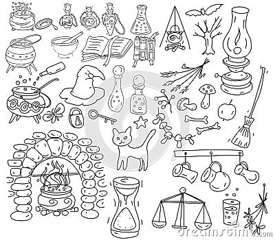 Halloween set holiday doodle pictures hand drawn coloring pages ghost pumpkin broom cobweb autumn Vector Illustration