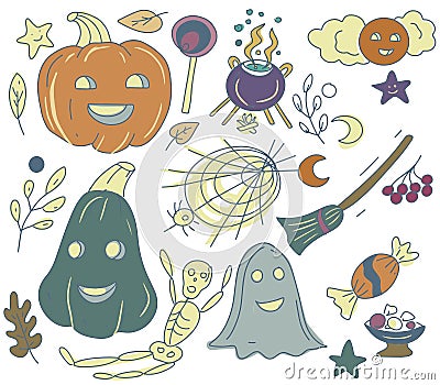 Halloween set holiday doodle pictures hand drawn coloring pages ghost pumpkin broom cobweb autumn leaves Vector Illustration