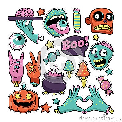 Halloween set of patches in cartoon comic style. Vector Illustration