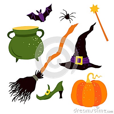 Halloween set: pot, witches hat, magic wand, shoe, broom, pumpkin, spider, bat. Vector illustration Vector Illustration