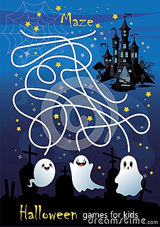 Mini games for children, Halloween. labyrinth with ghosts. book for preschooler Vector Illustration