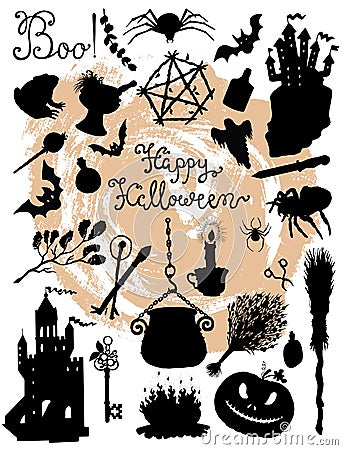 Halloween set with silhouettes of traditional holiday symbols Vector Illustration