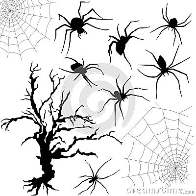 Halloween set of spiders, nettings and dried tree Vector Illustration