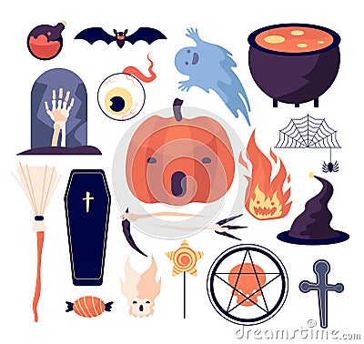 Halloween set. Spiderweb and pumpkin, bat and coffin, grave and moon, broom and skull, dead hand and candle, eye and Vector Illustration