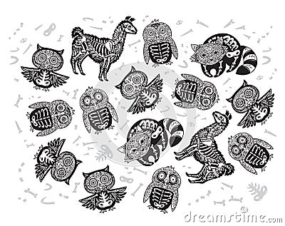 Halloween set of sugar skull animals in contour. Owl, penguin, llama and raccoon Vector Illustration