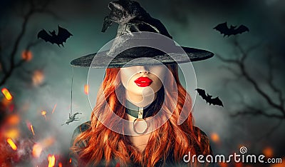 Halloween. witch portrait. Beautiful woman in witches hat with long curly red hair Stock Photo