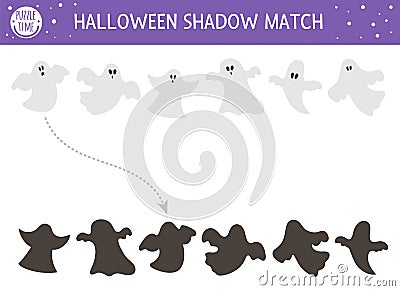 Halloween shadow matching activity for children. Autumn puzzle with ghost. Educational game for kids with scary spooks. Find the Vector Illustration