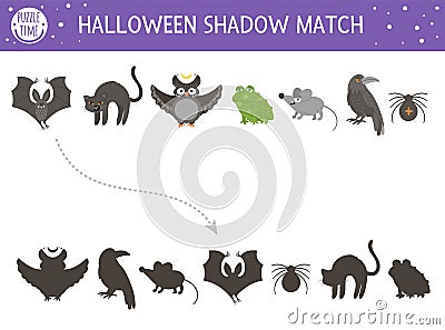 Halloween shadow matching activity for children. Autumn puzzle with scary animals. Educational game for kids with black cat, bat, Vector Illustration