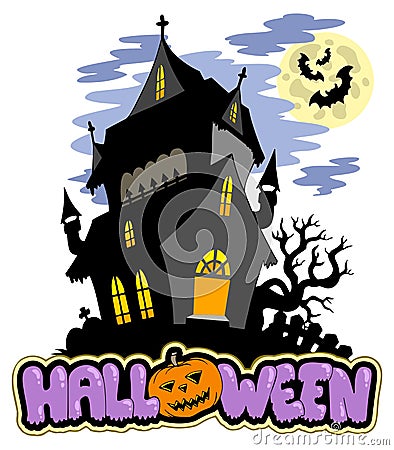 Halloween sign with haunted mansion Vector Illustration