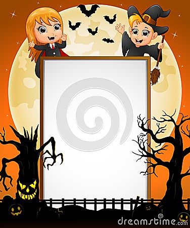 Halloween sign with little girl dracula and little boy witch and spooky tree Vector Illustration