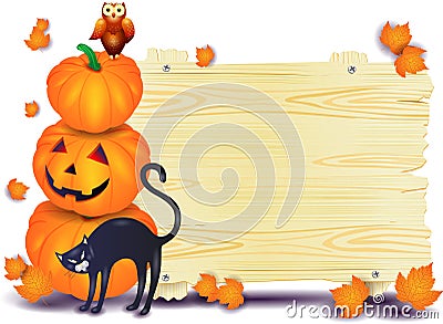 Halloween signboard with pumpkins, cat and owl Vector Illustration