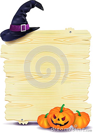 Halloween signboard with pumpkins and hat Vector Illustration