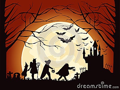 Halloween silhouette Children trick or treat full moon2 Vector Illustration