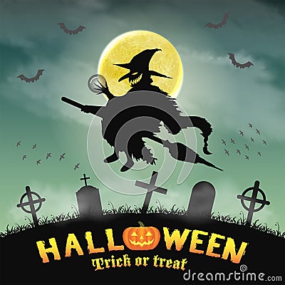 Halloween silhouette flying witch in night graveyard Vector Illustration