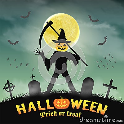 Halloween silhouette pumpkin killer in night graveyard Vector Illustration